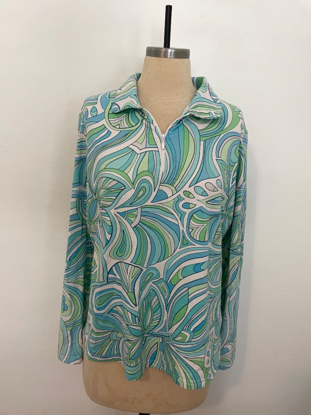 Icikuls Long Sleeve Cooling Sun Shirt Top, Green Blue Paisley Floral Golf, Sz L